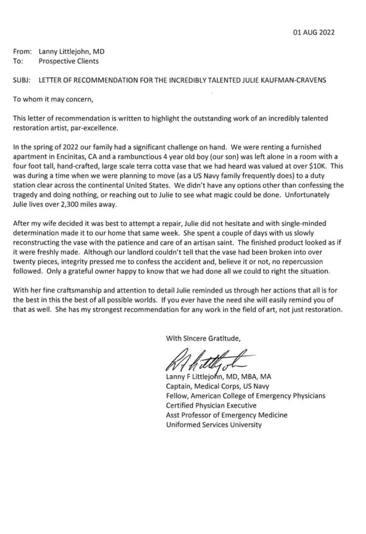 Professional recommendation letter for Julie Kaufman-Cravens