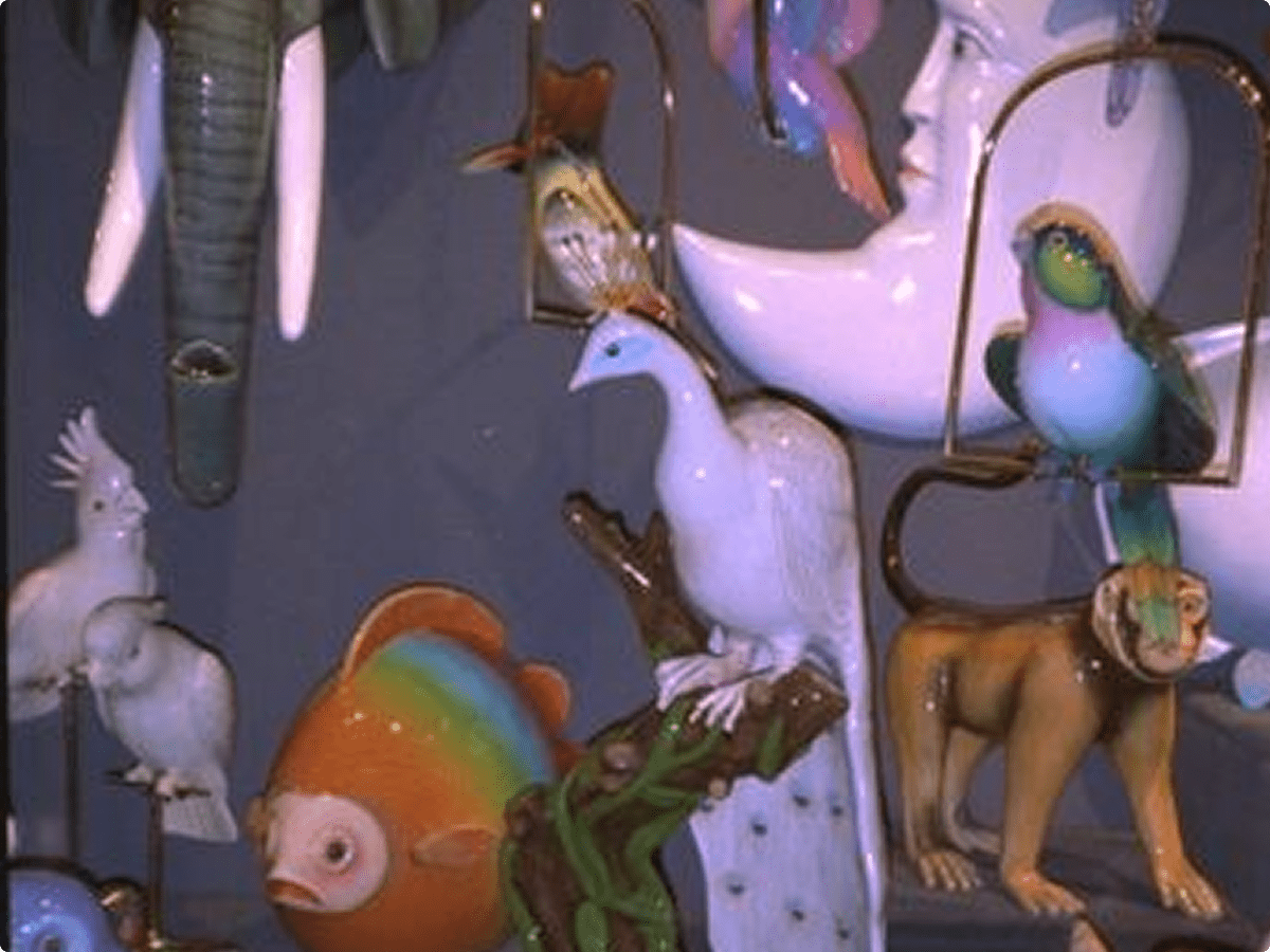 Colorful animal figurines on display