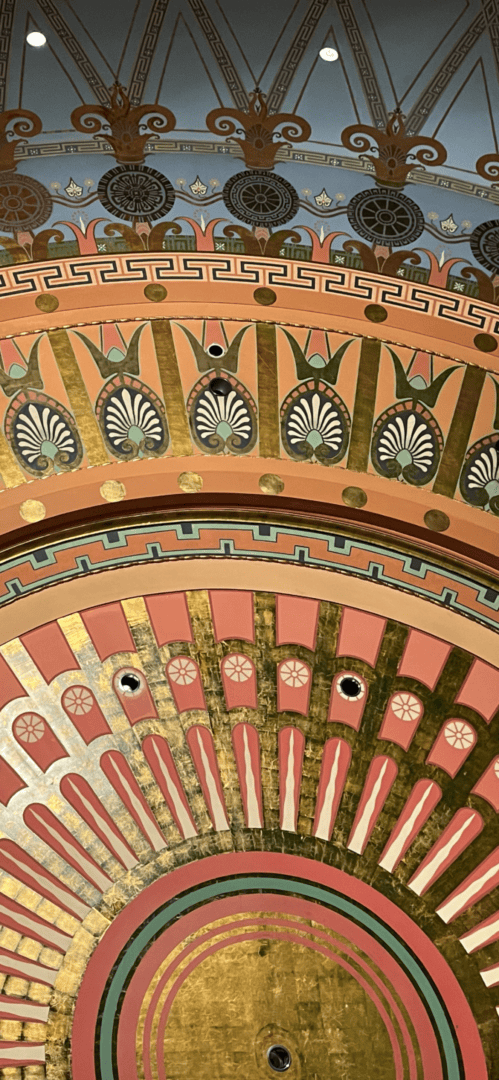 Ornate colorful painted ceiling with gold leaf